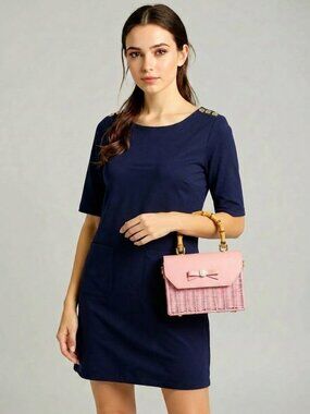 Lilly Pulitzer Navy Blue Gold Buttons Patch Pockets Preppy Stretch Dress Small